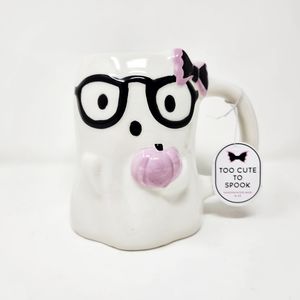 Cute Halloween Ghost Coffee Mug with Glasses and Pink Bow and Pumpkin